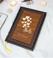 Bisiklet Desenli Termo Deri + Ahşap Anı Defteri - Çizgili Defter - Hediyelik (17x24 cm- 320 Sayfa)