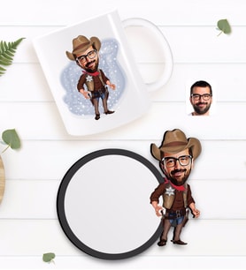 BK Gift Kişiye Özel Kovboy Karikatürlü Beyaz Kupa ve Ahşap Bardak Altlığı Hediye Seti-1