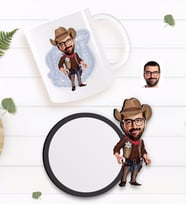 BK Gift Kişiye Özel Kovboy Karikatürlü Beyaz Kupa ve Ahşap Bardak Altlığı Hediye Seti-1