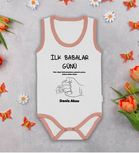 BK Kids Kişiye Özel İlk Babalar Günü Pembe Biyeli Askılı Sıfır Kol Bebek Body Zıbın, Yeni Doğan Bebek Hediyesi