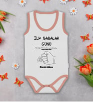 BK Kids Kişiye Özel İlk Babalar Günü Pembe Biyeli Askılı Sıfır Kol Bebek Body Zıbın, Yeni Doğan Bebek Hediyesi