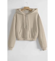 Ghassy Co. Kadın Pamuklu Crop Model Kanguru Cepli Sonbahar ve İlkbahar Kapüşonlu Crop Sweatshirt (Taş)