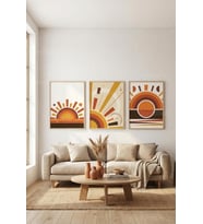 Bohem Gün Batımı Huzuru Soyut Güneş Motifli 3’lü Ahşap Çerçeveli Tablo Seti