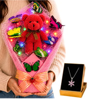 Renkli LED Işıklı Peluş Ayıcık Buketi ve Pembe Ametist Taşlı Lotus Kolye Sevgiliye Kadına Hediye Seti
