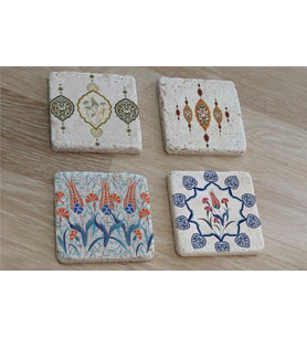 Çini Desenleri Doğal Taş Bardak Altlığı 4'lü set - Natural Stone Coasters