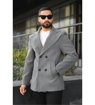 Premium Kruvaze Orta Boy Kaşe Kaban (Koyu Gri)