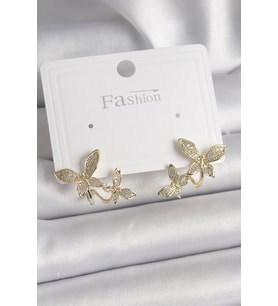Pirinç Gold Renk Zirkon Taşlı Kelebek Model Kadın Küpe