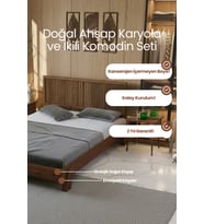 Alaz Model Dikey Başlıklı Masif Ahşap Karyola ve 2 Adet Komodin Kolay Kurulum Fırınlanmış İthal Sibirya Çamı 200x200 Yatak Uyumlu 2 Adet Komodin