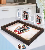 BK Gift Kişiye Özel İsimli Sevgililer Karikatürlü Doğal Ahşap Tepsi ve 2’li Kupa Bardak Seti-60