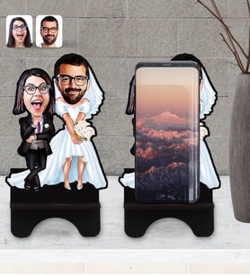 BK Gift Kişiye Özel Sevgililer Karikatürlü Ahşap Biblo Telefon Standı-16