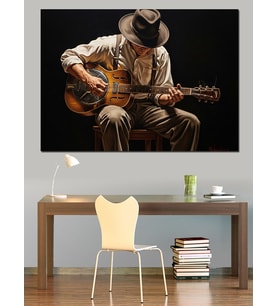 Gitar Çalan Yaşlı Müzisyen Portresi Dekoratif Kanvas - Mdf Ahşap Tablo