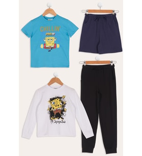 4'lü Sünger Bob Baskı Lacivert Tshirt Şort Pantolon Takım