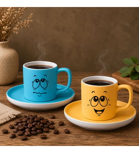 BK Gift 2'li Turkuaz ve Sarı Renkli Emoji Yüz Tasarımlı Seramik Türk Kahvesi Fincanı Takımı-2