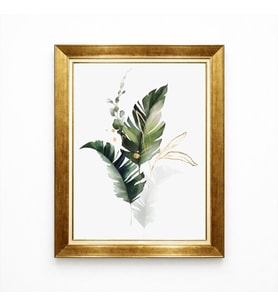 Tablore Tropikal Yeşil Yapraklar Gold Detaylı Modern Tablo Altın Çerçeveli Salon Dekorasyonu