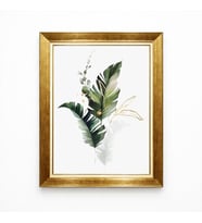 Tablore Tropikal Yeşil Yapraklar Gold Detaylı Modern Tablo Altın Çerçeveli Salon Dekorasyonu