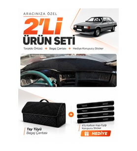 AUDI 80 (1986-1996) Uyumlu Torpido Örtüsü + Tay Tüyü Bagaj Çantası + Sticker Seti - Siyah