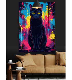 Siyah Kedi Neon Renk Dekoratif Kanvas - Mdf Ahşap Tablo