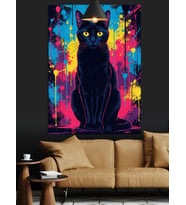 Siyah Kedi Neon Renk Dekoratif Kanvas - Mdf Ahşap Tablo