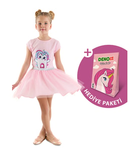Kedicik Unicorn Kız Çocuk Tüllü Elbise (Pembe)