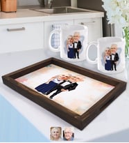 BK Gift Kişiye Özel Dede ve Büyükanne Karikatürlü Doğal Ahşap Tepsi ve 2’li Kupa Bardak Seti-1