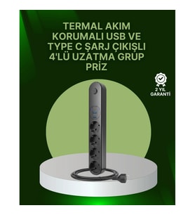 Mey İthalat® 4 Priz 2 USB 1 Type-C Akım Korumalı Çoklu Priz Led Anahtarlı