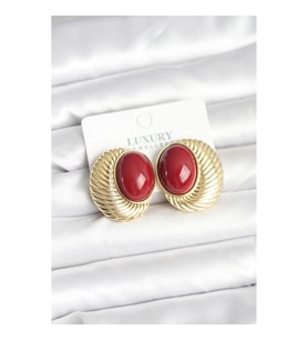 Mey İthalat® Pirinç Gold Renk Bordo Boncuklu Oval Vintage Kadın Küpe