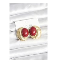 Mey İthalat® Pirinç Gold Renk Bordo Boncuklu Oval Vintage Kadın Küpe