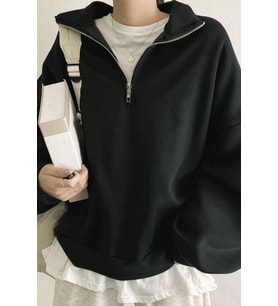 Ghassy Co. Kadın Pamuklu Oversize Silver Yarım Fermuarlı Sweatshirt (Siyah)