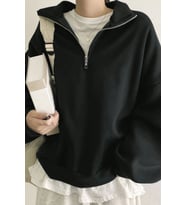 Ghassy Co. Kadın Pamuklu Oversize Silver Yarım Fermuarlı Sweatshirt (Siyah)