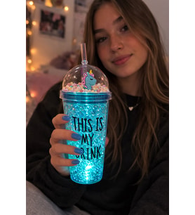 My Drink Temalı Led Işıklı Pipetli Suluk Buz Görünümlü 450 ML Çift Katman Mika Su Şişesi 2642 Mavi