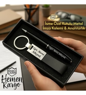 Hemen Kargo Kişiye Özel Kutulu Metal İmza Kalemi Ve Anahtarlık Hediye Seti