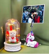 Fotoğraflı Hediye Seti  Led Işıklı Fanus & Unicorn Temalı Fotoğraf Tutucu  Kişiye Özel Hediye Seti (Model 3)
