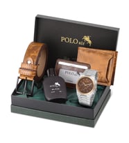 Polo Air Erkek Kol Saati Cüzdan Kemer Kartlık Parfüm Set Kombin Gümüş Taba Renk PL-0999E4 (Çok Renkli)