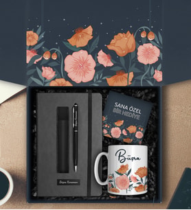 Kişiye Özel Siyah Defter & Kişiye Özel Deri Kılıflı Touch Pen Kalem & Kişiye Özel Tasarım Kupa Hediye Seti