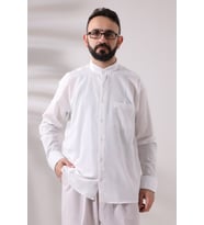 Beyaz Erkek Bol Kesim Tek Cepli Hakim Yaka Hac ve Umre Keten Gömlek