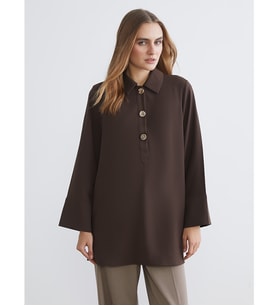 LCWAIKIKI Classic Kahverengi Gömlek Yaka Oversize Kadın Tunik