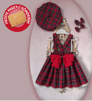 Eylülce Butik Kız Bebek Kırmızı Ekoseli Salopet Elbise & Şapka & Toka Takım