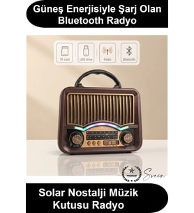 #RetroRadyo Solar Nostalji Müzik Kutusu Şarjlı FM Radyo Bluetooth Hoparlör USB TF Kart Destekli Ahşa