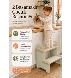 2 Basamaklı Ahşap Bebek Çocuk Basamağı – Güvenli, Sağlam ve Vidasız Kurulum