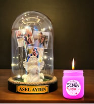 Kişiye Özel İsimli 3 Fotoğraflı Fanus ve Pembe Mis Kokulu Mum  Kişiye Özel Hediye Seti (Model 2)