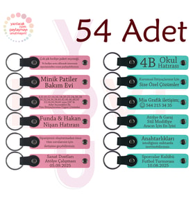 Pembe & Turkuaz, 54’lü Set, İsim ve Mesajlı Deri Anahtarlık, Kafe Müşterilerine Küçük Teşekkür