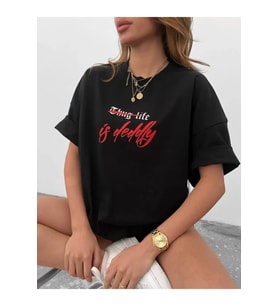 Unisex Bisiklet Yaka Baskılı Oversize T-Shirt - Siyah