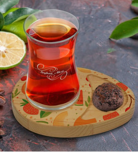 BK Gift Kişiye Özel Meyveler Tasarımlı Doğal Ahşap Tabaklı Heybeli Çay Bardağı Sunum Seti Model 3