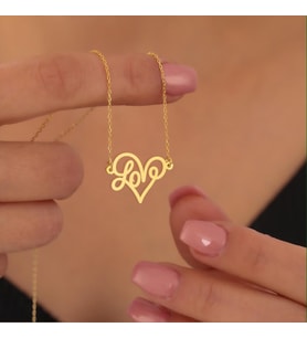 Kişiye Özel 925 Ayar Gümüş Zarif Love Kalp Kolye (Gold)