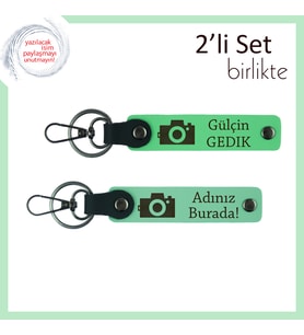 Anı Taşıyan Tasarımıyla Fotoğraf Desenli Klasik Deri Anahtarlık, Fıstık Yeşil-Açık Yeşil