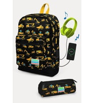 Coral High Kids Siyah Sarı İş Makinesi Desenli USB'li 2'li Okul Çanta Seti - Erkek Çocuk