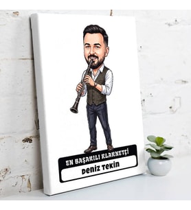 Klarnetçiye Hediye Erkek Karikatürlü Kanvas Tablo