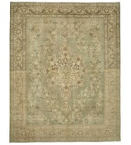 Yeşil Halı Klasik Madalyonlu El Dokuma Salon Halısı Bordür Detaylı Vintage Tasarım