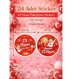 3 Sayfa 72 Adet - 23 Nisan Paketleme Sticker Seti 3,5 cm Çap 2 Farklı Tasarım – Çocuk Bayramı Hediye Etiketi