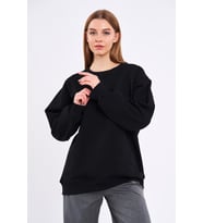 Siyah Kadın Pamuklu Oversize Basic Bisiklet Yaka Sweatshirt